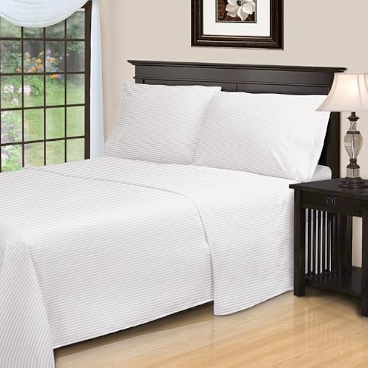 Superior Egyptian Cotton 300 Thread Count Bed Sheet Set, 1 Elastic Deep Pocket Fitted Sheet, 1 Flat Sheet, 1 Pillowcase, Daily Sheets, Luxury Home Essentials, Striped Design, Twin XL, White