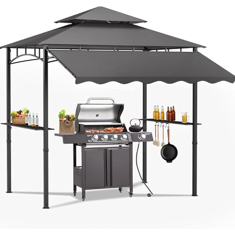8X8 Grill Gazebo Canopy - Heavy Duty Steel Frame, Double Tiered Grill Canopy for Outdoor Grill WShelves, Ceiling Hooks and Ground Stakes, Outdoor Patio Canopys Tent BBQ Gazebo BackyardGrey
