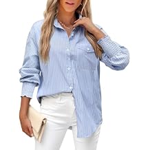 LEMAFER Womens 2025 Smocked Cuffed Striped Boyfriend Shirt Flap Pocket Cotton-Blend Casual Button Down Collared Blouse