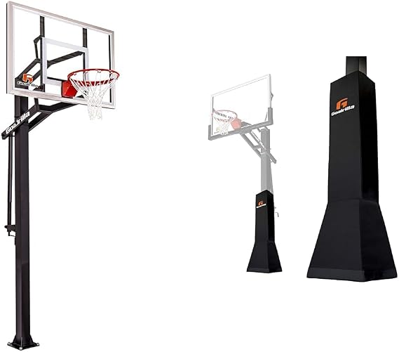 Goalrilla GS54 Basketball Hoop with 54" Glass Backboard and Breakaway Rim + Deluxe Weatherproof Pole Pad for Player Safety