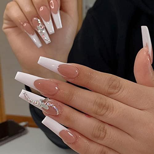 Press on Nails Long Fake Nails Acrylic Ballet French White Illuminate Butterfly adhesive tape on Nails Design False Nails Prom Full Cover False Nails for Women and Girls Nail Art Decorations24PCS White Butterfly
