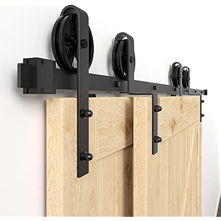 WINSOON 6FT Bypass Sliding Barn Door Hardware Kit - Single Track for Double Doors, Big Spoke Wheel, Heavy Duty, One Piece Rail Low Ceiling