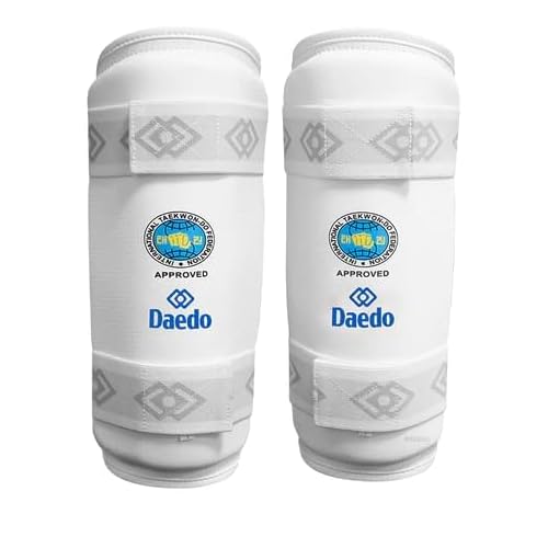 Daedo ITF Approved White Shin Guards Martial Arts Leg Protectors Lightweight Guards with Straps for Training