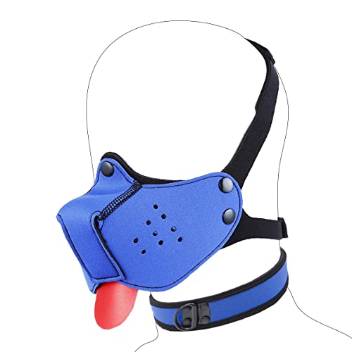 Neoprene Puppy Hood Mask Cosplay Dog Full Face Pup Hood Mask with Collar Blue