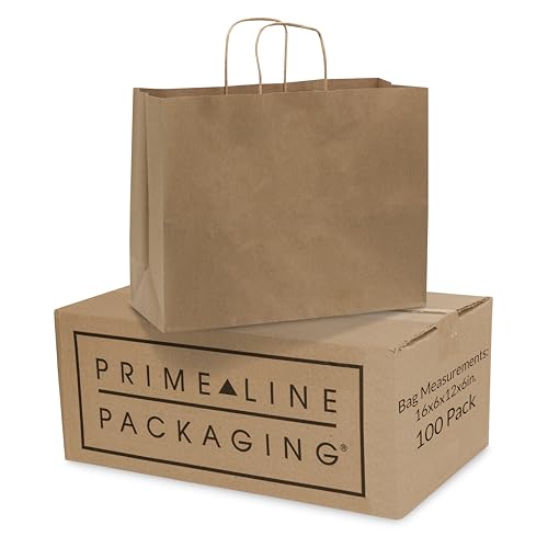 Prime Line Packaging Brown Paper Bags, Kraft Shopping Gift Bags with Handles for Small Business, Retail, Boutique & Grocery Use, To Go, Events, Bulk, 16x6x12, 100 Pack