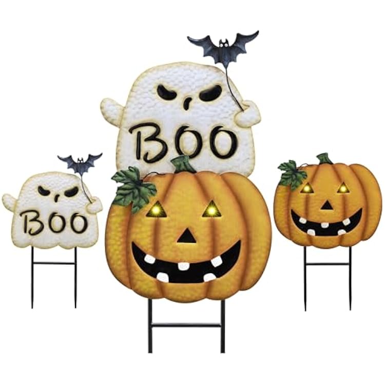 TERESAS COLLECTIONS Metal Halloween Yard Stakes, Halloween Decorations for Outdoor with Ghost Pumpkins Solar Light, Stacked Jack-o-Lantern Garde Stakes Decor for Pathway Patio Party, 25