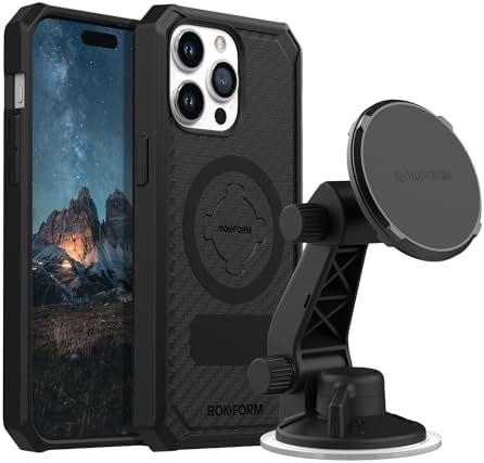 Rokform - iPhone 15 Pro Max Rugged Case + Magnetic Windshield Suction Phone Mount