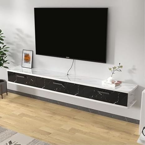 Floating Tv Stand Modern Meuble Flottant with Drawers Television Stands Solid Wood Wall Mounted Cabinet Unit,Floating TV Stand Wall Mount with Flip Door - Modern Long TV Console for Living R