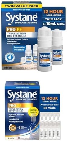 Systane PRO PF Lubricating Eye Drops for Dry Eyes, 2 x 10 mL, Preservative Free with Hyaluronate, Triple-Action Formula to Hydrate, Restore & Protect, Multi-Dose Bottle + 32 Vials