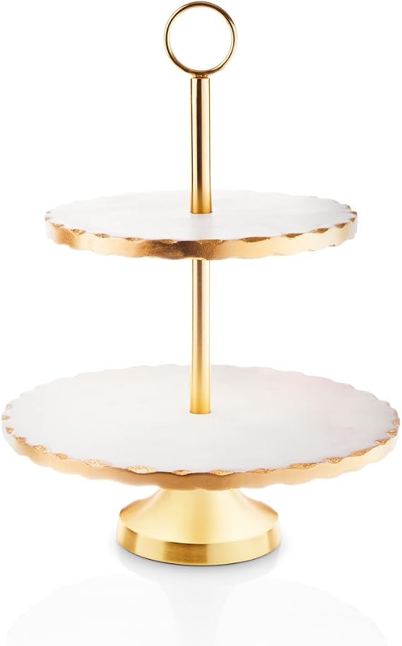 Godinger 2-Tier Serving Stand, Cake Stand, Pastry Stand, Marble Stand, Dessert Stand with Gold Edges Delectable Desserts, Appetizers, and Decorative Items, White Marble