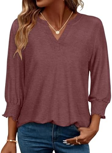 3/4 Length Sleeve Womens Tops Business Casual Blouses V Neck T Shirts with Puff Sleeve