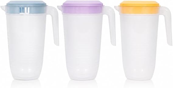 eMKay® Pack of 3 Drinking Pitchers Jug Freezer Dishwasher Safe | 2.25L BPA Free Reusable Plastic Transparent Pitchers Water Juice Jug with Pastel Colour Lid, Handle & Pour Spout | Orange Purple Blue