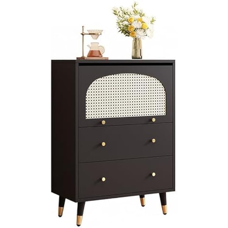 Sideboard Buffet Coffee Bar Cabinet, Rattan Buffet Cabinet with Storage, Farmhouse Console Table with Drawer, Wood Cupboard for Kitchen, Living Room, Entryway, BlackW-80CM31.49IN