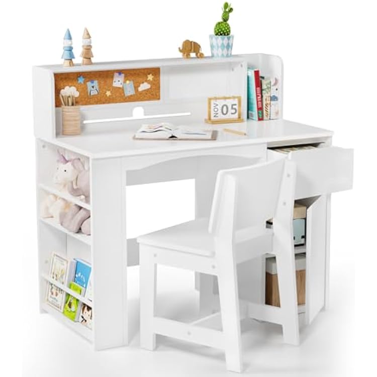 JOYMOR Kids Desk and Chair Set with Bookshelf, Kids Study Desk with Chair with Storage Cabinet, Student Writing Table for Study & Crafts, Student Computer Workstation for 5-12 Years Old, White
