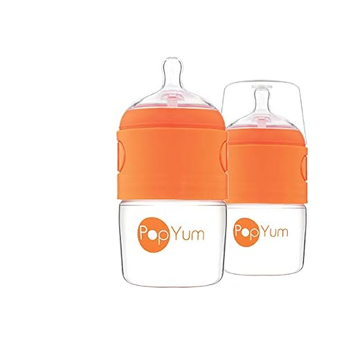 PopYum 5 oz Orange Anti-Colic Formula Making Baby Bottles, 2-Pack with #1 Slow Flow Nipples, 150 ml, BPA-Free, Natural Latch, Mixing, Dispenser