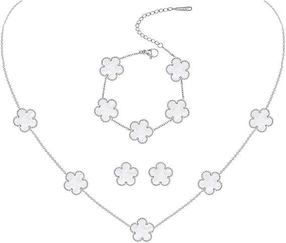 Four-Leaf Clover Jewellery Set for Women Silver Stainless Steel Double-sided Four-Leaf Clover Pendant Necklace Stud Earrings Bracelet Adjustable Lucky Clover Jewelry Set Gift for Birthday