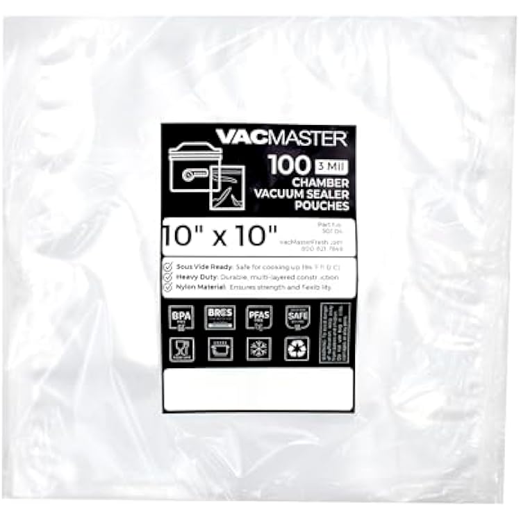 VacMaster 10 inch by 10 inch Heavy Duty 3 Mil Chamber Vacuum Sealer Bags - 1,000 Pre Cut Clear Chamber Machine Pouches Per Case, BPA Free, 30724