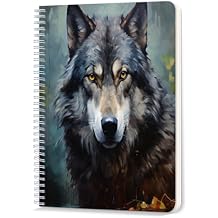 Spiral Notebook,Double-Wire Spiral College Lined Journal Notebook for Study and Notes,100 Pages,5.71x 8.26 in - Wolf in a Blue - green Background with Yellow Leaves