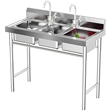 LENJKYYO 3 Compartment Sink, Stainless Steel Utility Sink Laundry Free Standing Kitchen Sin k 39"Lx18"Wx36"H Sink Commercial Grade for Restaurant/Kitchen/Laundry/Utility Room