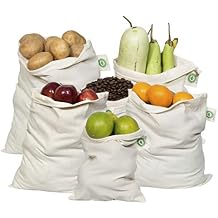 Reusable Produce Bags Cotton Washable - Organic Cotton Vegetable Bags - Cloth Bag with Drawstring - Muslin Fabric Produce Bags - Bread Bag - Set of 6 (2 Large, 2 Medium, 2 Small)