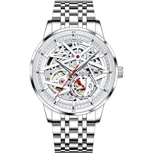 GUANQIN Vintage Skeleton Automatic Self-Wind Mechanical Men Wrist Watch Sapphire Business Double-Sided Hollow Waterproof Luminous Clock Stylish Stainless Steel Wristwatch