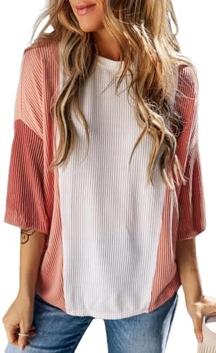 KINLONSAIR Women's Summer Color Block 3/4 Sleeve T Shirt Fashion Crewneck Casual Henley Shirts