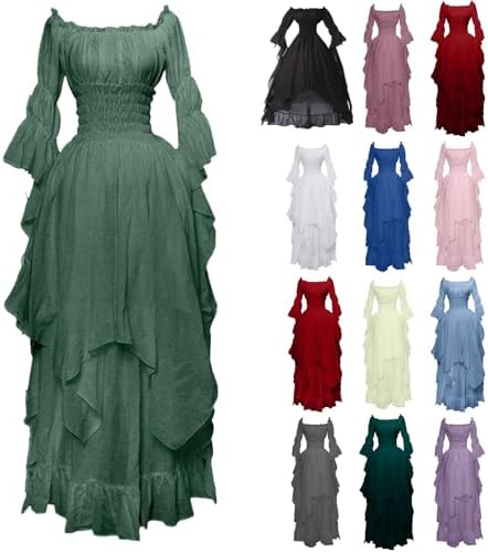 Women's High Low Victorian Dress Puff Sleeve Off Shoulder Ruffle Medieval Costume for Women Renaissance Dress