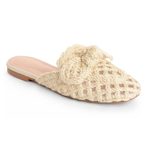 Raffia Slides Flats Sandals for Women Flat Summer Mule Sandals Slippers Closed Round Toe Slip On Comfortable Bow Sandals