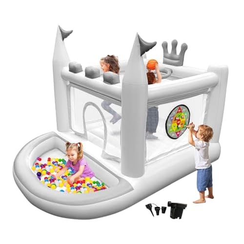 Inflatable Bounce House for Kids Ages 3-8, 5 in 1 Small Bouncy Castle Outdoor, Jumper, Ball Pit, Basketball Hoop, Rings, Target Game Pump Included, White