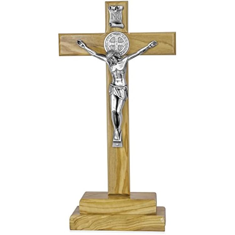 Venerare Standing Crucifix Cross 12 Olive Wood Standing Cross with Holder and St. Benedict Booklet Included