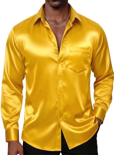 DiBanGu Mens Long Sleeve Button Down Shirt,Satin Shiny Dress Shirt for Men Solid Regular Fit Shirts with Pocket Wedding Party