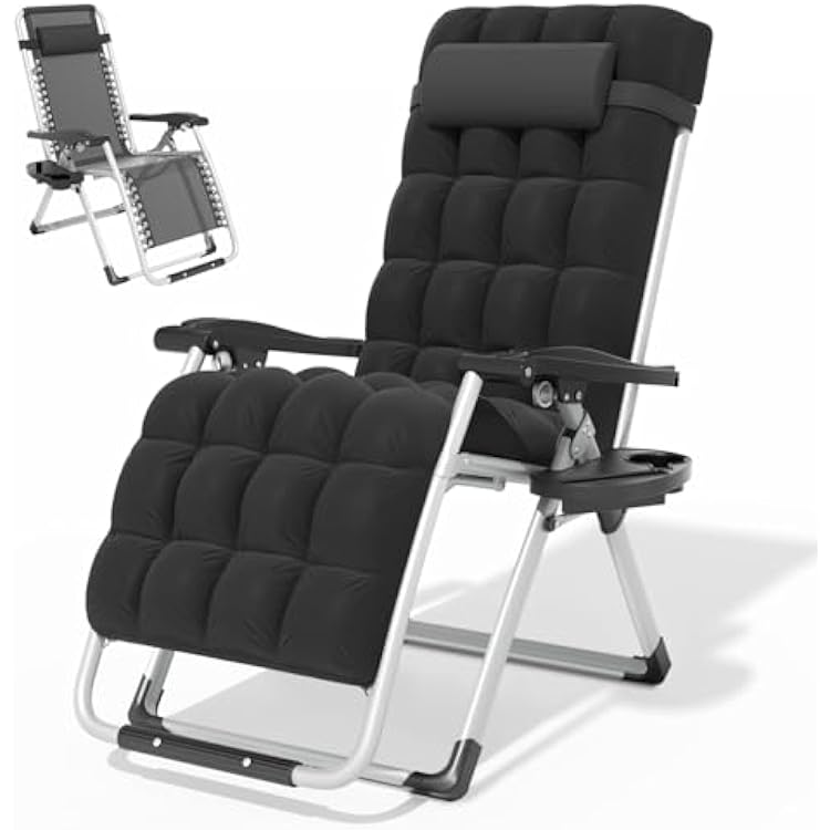 Magshion Zero Gravity Chair with Cushion, Reclining Outdoor Patio Lounge Chair, Folding Indoor Anti Gravity Recliner, Portable Lounger with Removable Cup Holder Side Tray and Pillow Headrest Black