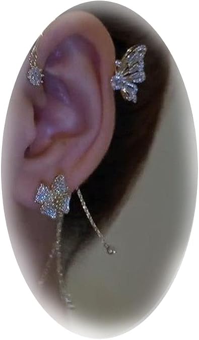 2PCS Butterfly Ear Cuffs Earrings for Women Rhinestone Butterfly Ear Wrap No Piercing Ear Cuff Clip Wrap On Earrings
