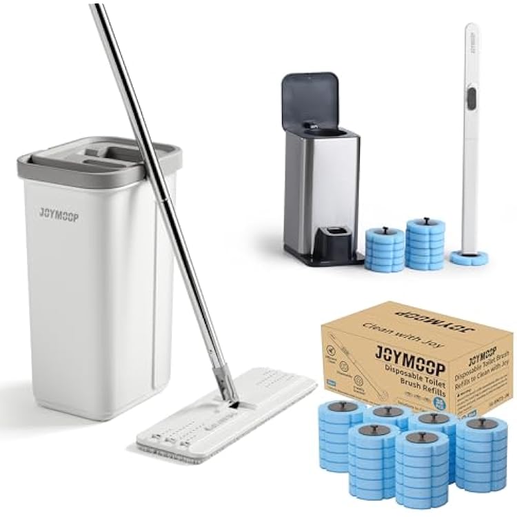JOYMOOP Ultimate All-in-One Cleaning Bundle: White Flat Mop and Bucket with Microfiber Pad, 12 Disposable Toilet Brushes with 36 Fragrant Refill Pads Floor, Window and Bathroom Cleaner Kit