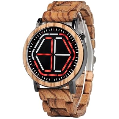 Mens Luxury Bamboo Wood Watch, with Digital LED Display and Fashion Hexagonal Unique Design, Personalized Smart WatchesRed