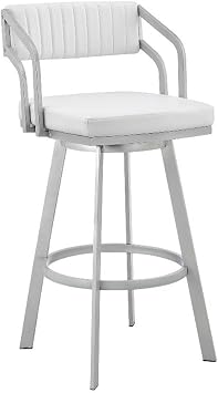 Armen Living Scranton Modern 26" Seat Height White Faux Leather and Silver Stainless Steel Metal Swivel Bar Stool for Kitchen Island Counter