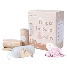 Diaper Bags Disposable for Baby, Biodegradeable Dirty Diaper Bags (8 Refill Rolls/120 Bags) with Dispenser | Leak Proof Diaper Trash Bags | Baby Poop Bags | Fresh Powder Scent