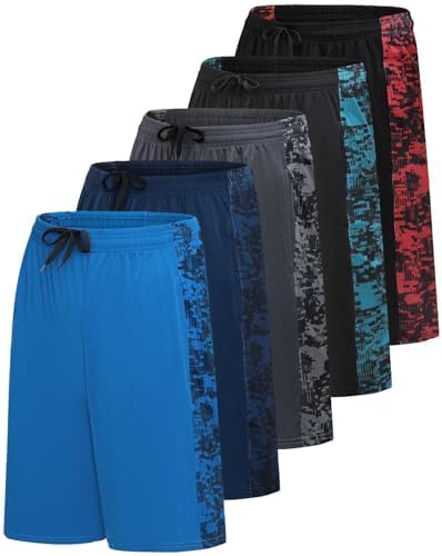 Real Essentials Mens 5 Pack: 9 Dry-Fit Shorts Athletic Gym, Workout, Basketball, Running, Casual Lounge Active Pockets