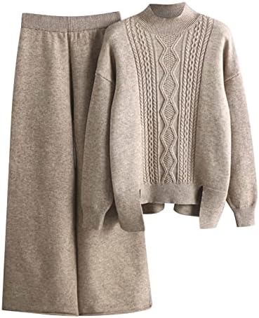 DUOWEI Plaid Outfits Women Women Autumn & Winter Fashion Temperament Loose Casual Top & Wide Leg Pants Knitted Suites Women, 1-khaki