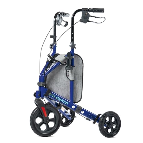 ELENKER All Terrain 3 Wheel Walkers for Seniors, 3 Wheeled Rollator with 10 Wheels, Narrow Walkers for Small Spaces, Compact Folding, Ideal for Traveling, Blue