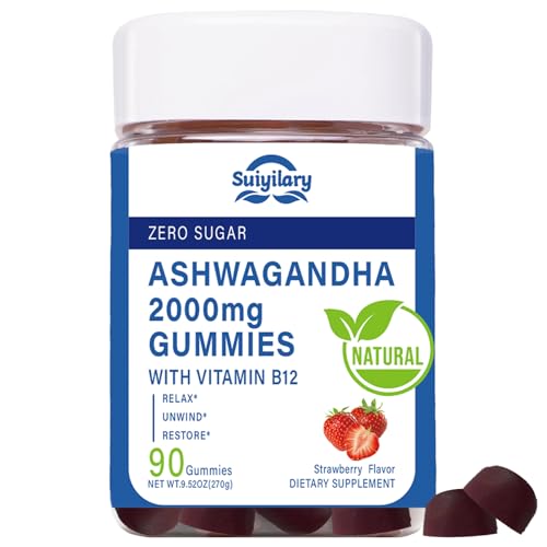 Ashwagandha Gummies 2000mg, Ashwagandha High Strength Root Extract Supplement with Vitamin B12 for Men Women, Strawberry Flavour 45 Days Supply 90 Gummies