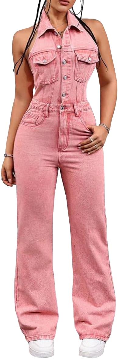 Women Casual Cargo Denim Jumpsuit Stretch Sleeveless High Waist Backless Buttons Rompers Multiple Pockets