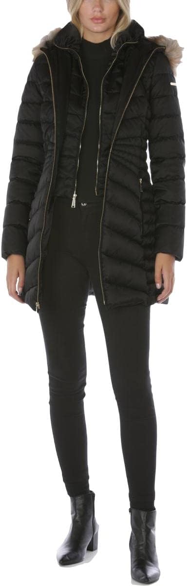 Laundry by Shelli Segal Women's 3/4 Puffer Jacket With Detachable Faux Fur Strip and Bib