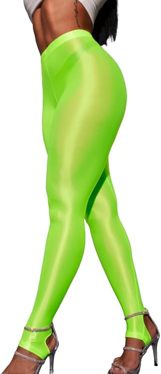 ChiaoLezhee Shiny Leggings for Women, Rave Party Outfits, Sexy Sheer Stirrup Pants High Waist Waisted See Through Mesh Tights
