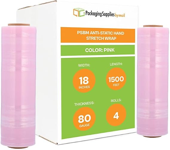 PSBM Anti-Static Stretch Film/Wrap 18 Inch x 1500 Feet 80 GA Pink 4 Pack