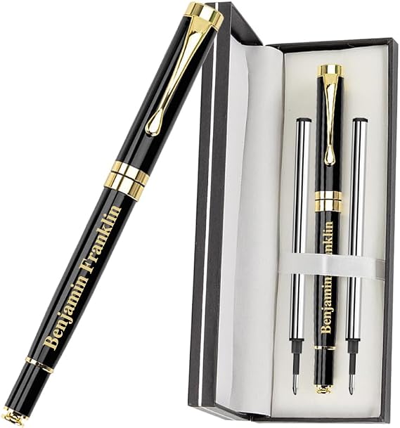 Personalised Stainless Steel Ballpoint Pen Custom Text/Logo Business Pen with 3 x 0.5mm Metal Refills (Black)