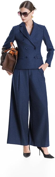 Professional Double-Breasted Wool Blend Blazer Set, Slim Fit with Wide-Leg Pants, Navy Blue, Olive Green, Light Gray
