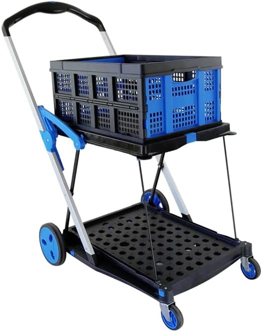 Folding Utility Cart with Wheels, Collapsible Two-Layer, with Foldable 45L Basket, Heavy-Duty, Blue Multifunctional Groceries, Office, Warehouse, and Supermarket Easy Transport and Storage