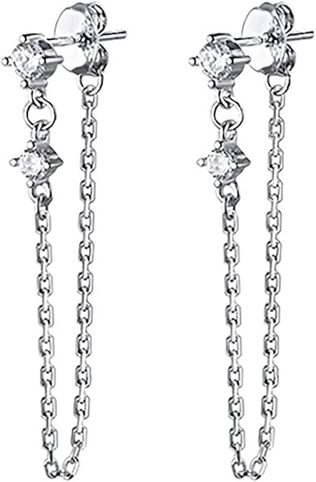 Reffeer Sterling Silver Chain Dangle Earrings for Women Teens CZ Chain Drop Earrings Studs