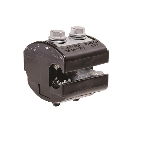 Burndy BIPC500-4/0 Burndy Insulation Piercing Connector, 500-350 kcmil Run, 4/0-4 AWG Tap, 2.62" Width, 1.59" Length, 3-1/4" Height, 400 in lbs Recommended Torque, 600V Maximum Voltage Rating
